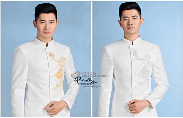 ST082 **พรีออเดอร์**สูทจีนผู้ชายสีขาวแขนยาวปักลายมังกรสีทอง สีแดง สีน้ำเงิน สีเงิน ติดกระดุมสีขาว พร้อมกางเกงสีขาวขาสอบ ชุดสูทเจ้าบ่าว สูทแฟนซี ถ่ายพรีเวดดิ้ง & ชุดแต่งงานแฟนซี (Fancy wedding dress) สูทผู้ชายสีขาว