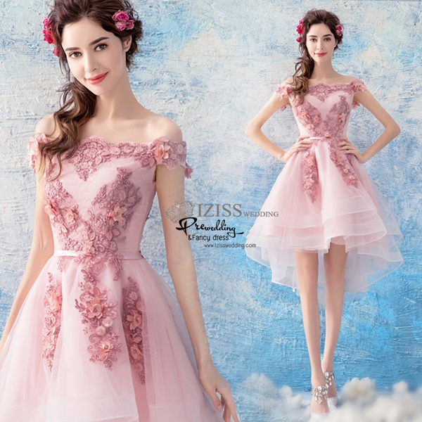 DS043 - **พร้อมส่ง** ชุดราตรี เดรสสั้นออกงาน (short dresses) ชุดไปงานแต่งงานสวยๆ "ธีมสีชมพูกะปิปักดอกไม้นูน 3D"