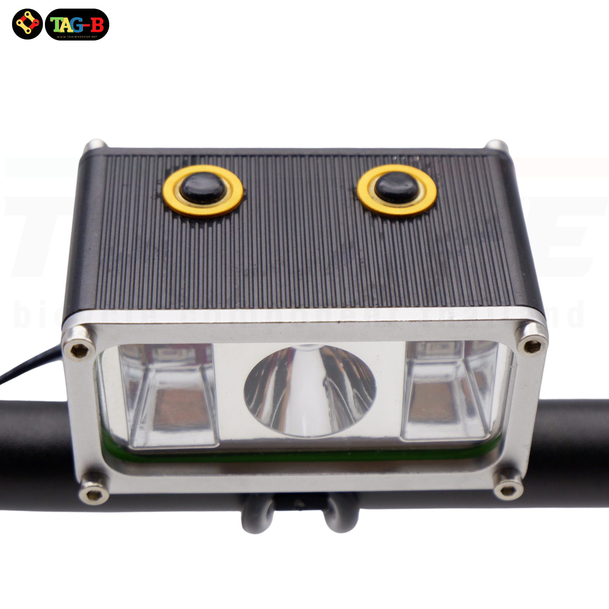 ไฟหน้าจักรยานแบบชาร์จ TAG-B 1800 ลูเมนส์ แบบสามสี แดงน้ำเงิน