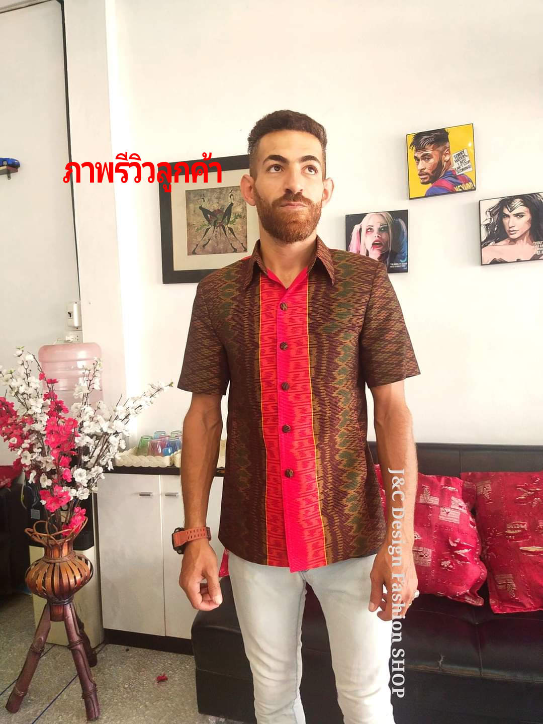 เสื้อสูทชายฝ้ายแท้มัดหมี่ตีนแดงทอมือ เสื้อสูทชายฝ้ายแท้ สูทผ้าไทยชาย ซาฟารีผ้าไทยชาย สูทผ้าฝ้ายมัดหมี่ตีนแดง