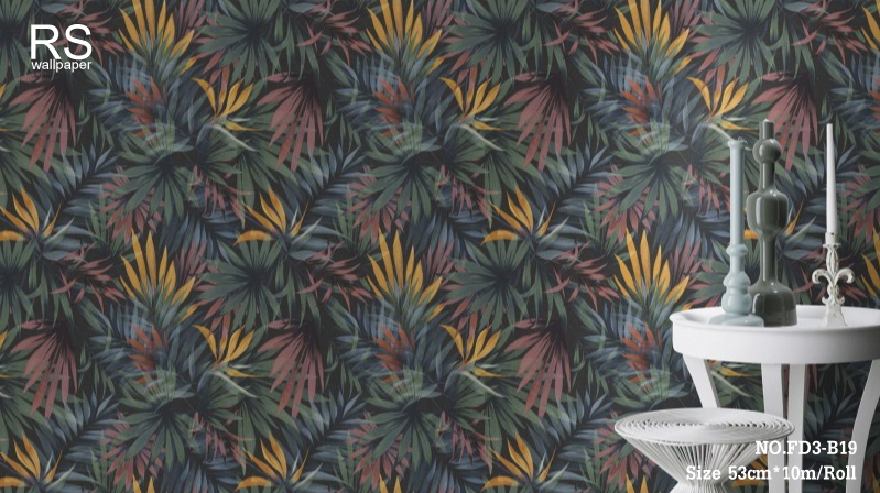 วอลเปเปอร์ลายใบไม้พื้นเทกเจอร์ผ้าสีดำ (Tropical style) FD3-B19