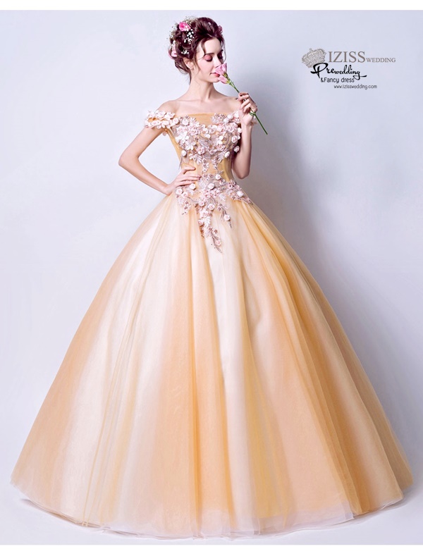 DL037 - **พรีออเดอร์** ชุดราตรี เดรสยาวออกงาน (Night party dresses) ชุดไปงานแต่งงานสวยๆ "ธีมสีส้มครีมแต่งดอก 3D"