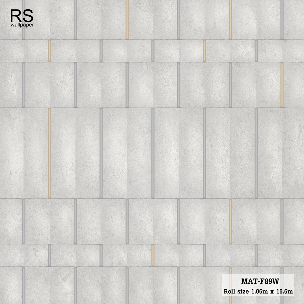 วอลเปเปอร์ ลายคอนกรีตสีเทาอมฟ้า คั่นด้วยลายแท่งสีเทาและสีทอง MAT-F89W