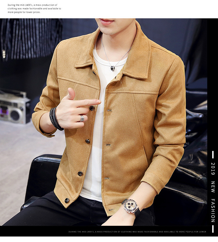 เสื้อแจ็คเก็ตผู้ชาย สีกากี หนังกลับ มีซับใน กระดุมหน้า กระเป๋าใช้งานได้ทั้ง 1 ข้าง แจ็คเก็ตแฟชั่นชาย