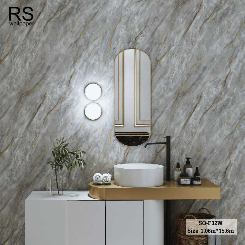 วอลเปเปอร์ ลายหินอ่อน สีเทา แทรกเส้นแตกลายงา สีทอง SQ-F32W