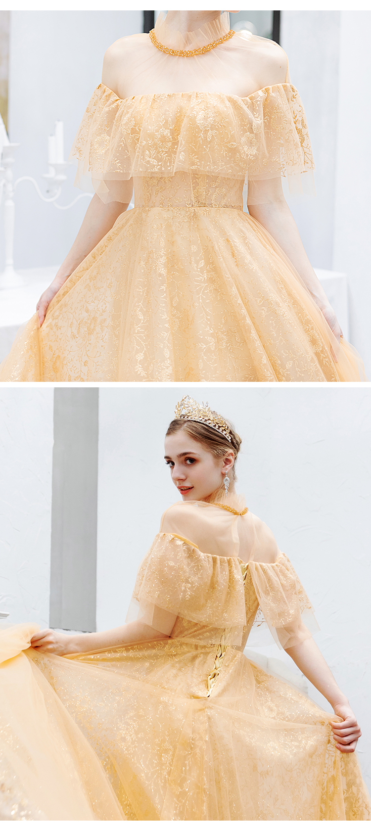 DL089 **พรีออเดอร์** ชุดออกงานสีทอง ชุดราตรี เดรสยาวออกงาน (Night party dresses) ชุดไปงานแต่งงานสวยๆ "ธีมสีทอง"