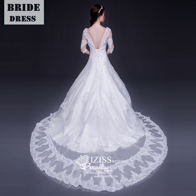 BR160 **พรีออเดอร์ไซส์ M**ชุดแต่งงาน&ชุดเจ้าสาวแบบยาวสีขาวเกรดพรีเมี่ยม แขนยาวครึ่งแขนตกแต่งลูกไม้ หรูหราน่ารัก สวยโดดเด่นไม่ซ้ำใคร