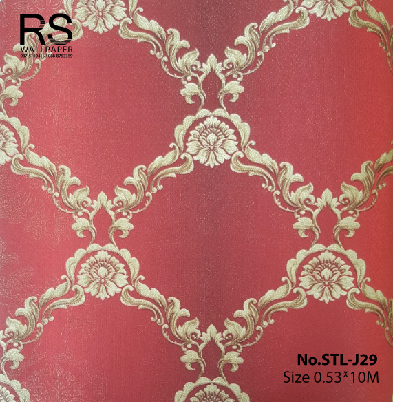 วอลเปเปอร์ ลายหลุยส์สีน้ำตาลทอง พื้นสีแดง No.STL-J29