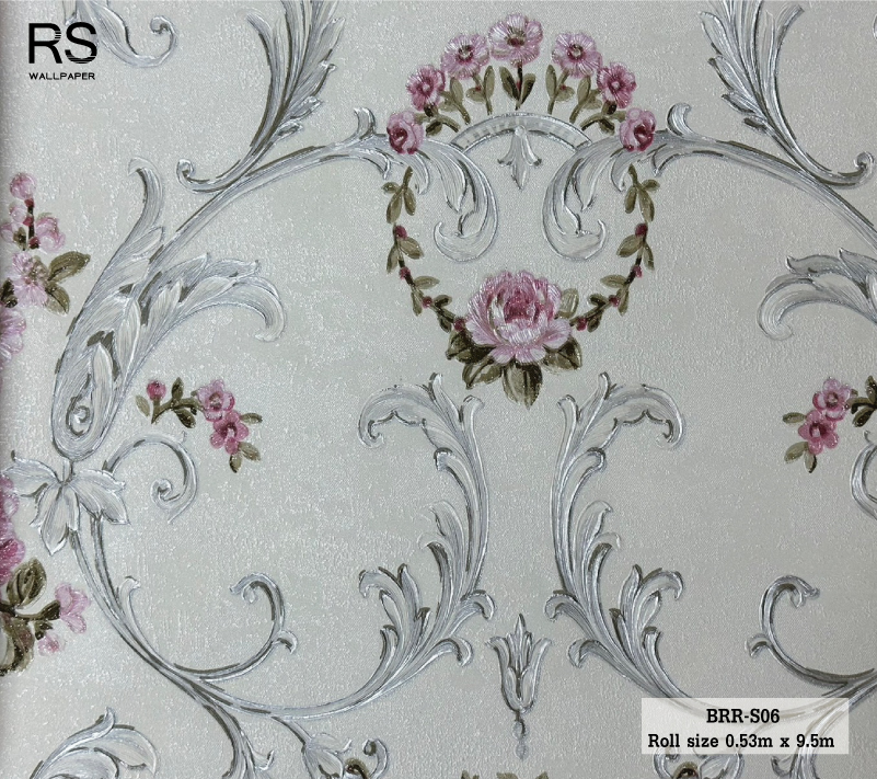 วอลเปเปอร์ ลายดอกไม้วินเทจสีชมพู พื้นขาว BRR-S06