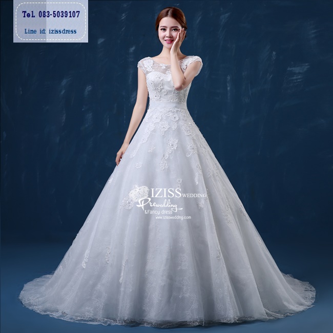 BR165 **พรีออเดอร์มีแบบหางยาว/หางปกติค่ะ**ชุดแต่งงาน&ชุดเจ้าสาวแบบยาวสีขาวเกรดพรีเมี่ยม แขนสั้น ซีทรูช่วงไหล่ หรูหราน่ารัก สวยโดดเด่นไม่ซ้ำใคร