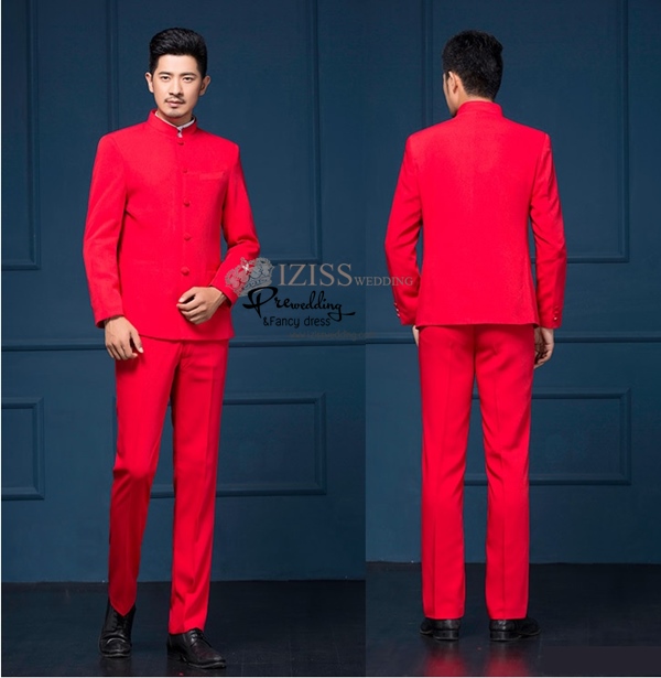 ST007- **พรีออเดอร์สีขาว/แดง/ดำ**สูทจีนผู้ชายสีดำแขนยาวคอจีน ติดกระดุมสีดำ พร้อมกางเกงสีดำขาสอบ ชุดสูทเจ้าบ่าว สูทแฟนซี ถ่ายพรีเวดดิ้ง & ชุดแต่งงานแฟนซี (Fancy wedding dress) สูทผู้ชายสีดำ