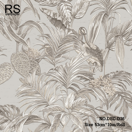 วอลเปเปอร์ใบไม้ต้นไม้ธรรมชาติมีนกพื้นผ้าไหมสีเทา (Tropical style) DEC-D36
