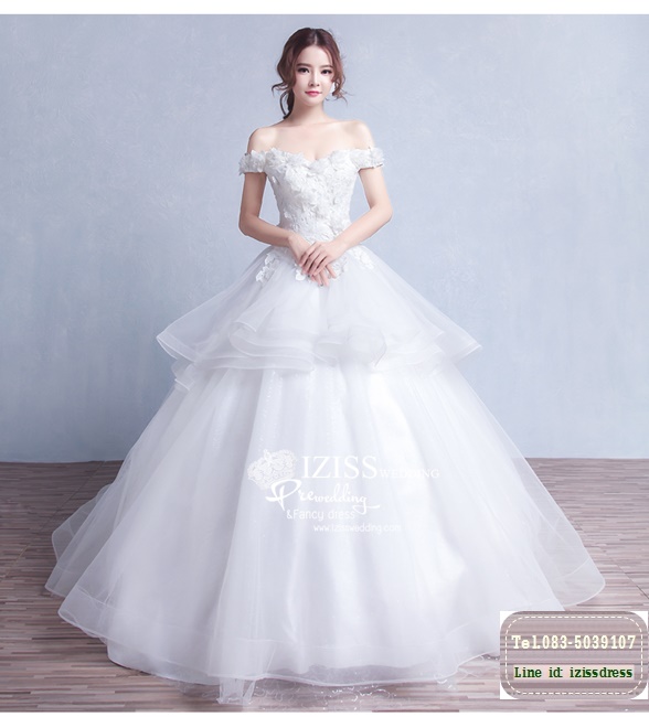 BR182 **พรีออเดอร์**ชุดแต่งงาน&ชุดเจ้าสาวแบบยาวสีขาวเกรดพรีเมี่ยม เปิดไหล่ มีแขน หรูหราน่ารัก สวยโดดเด่นไม่ซ้ำใคร