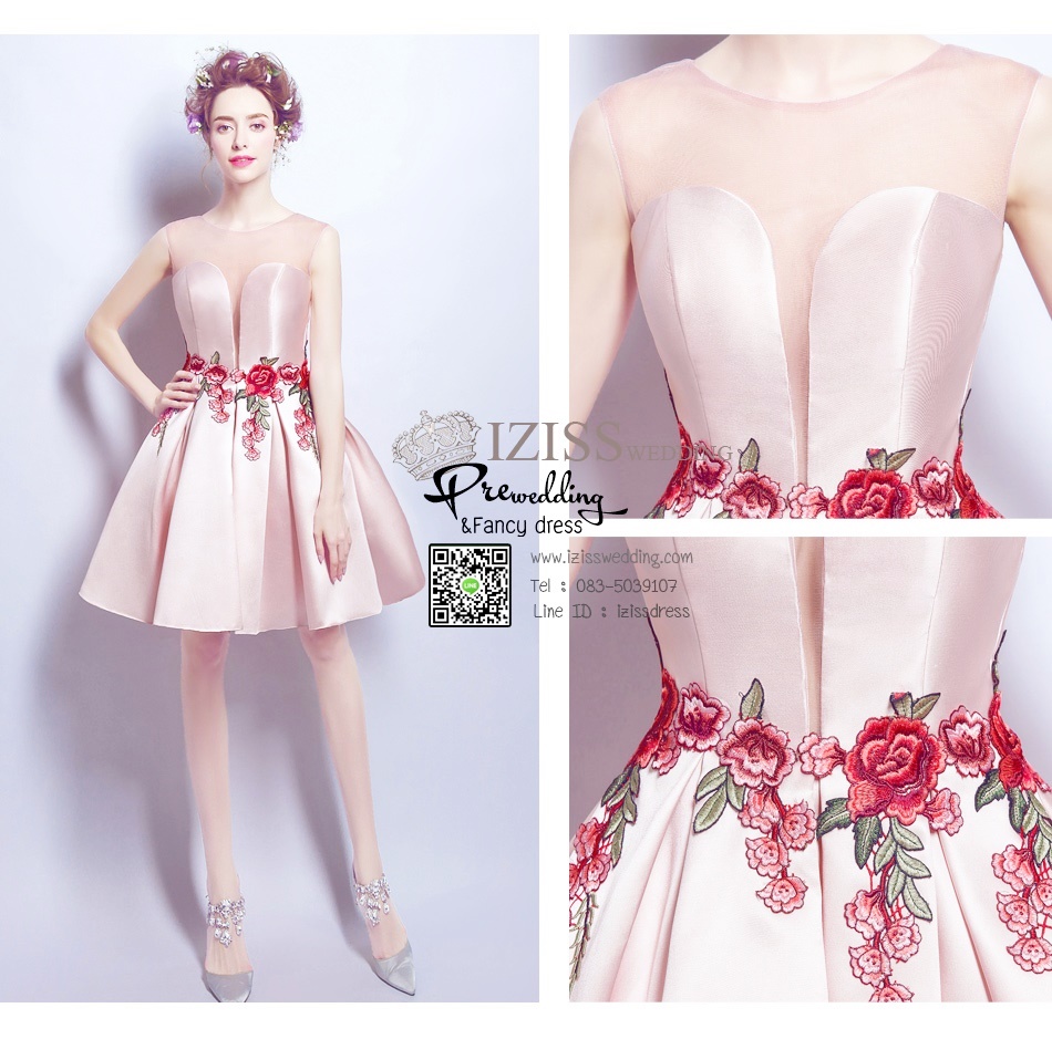 DS022 - **พรีออเดอร์** ชุดราตรี เดรสสั้นออกงานผ้าซาติน (short dresses) ชุดไปงานแต่งงานสวยๆ "ธีมครีมชมพู"