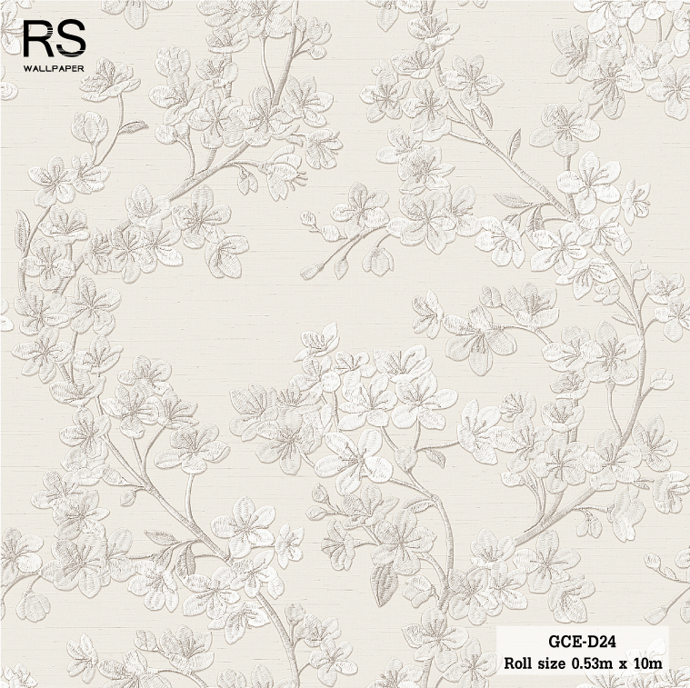 วอลเปเปอร์ ลายดอกไม้สีน้ำตาลเทาเงิน พื้นสีเทาอ่อน เนื้อวอล์เลียนแบบผ้าไหม GCE-D24