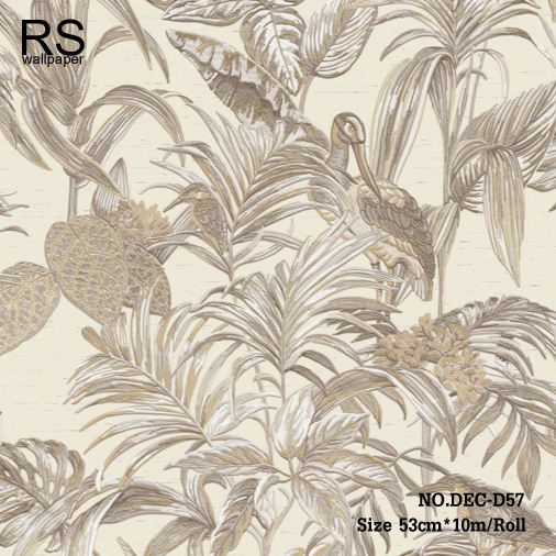 วอลเปเปอร์ใบไม้ต้นไม้ธรรมชาติมีนกพื้นผ้าไหมสีครีม (Tropical style) DEC-D57