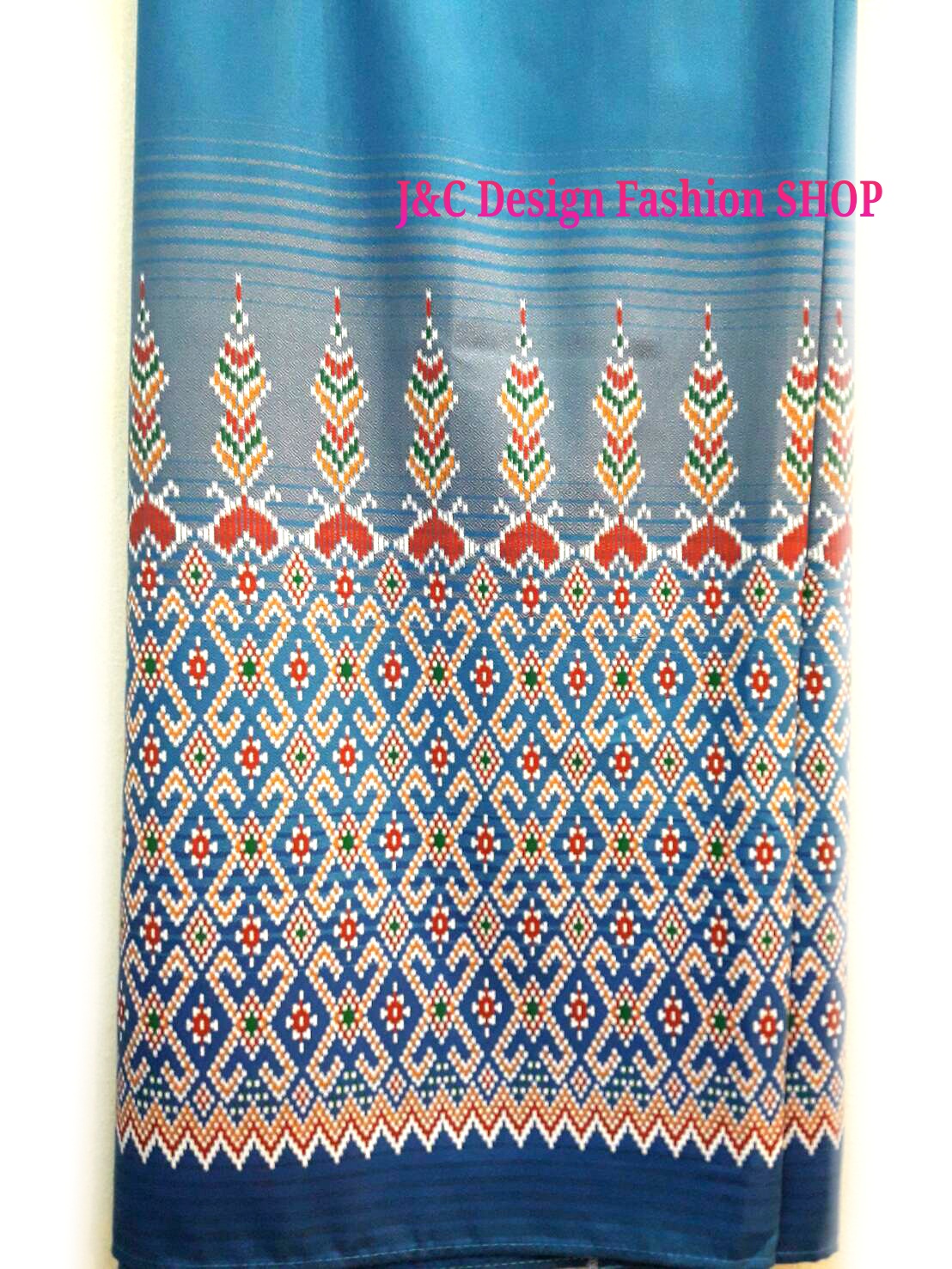 ผ้าซิ่นสำเร็จรูปผ้าซิ่นผ้าฝ้ายสีฟ้าลายลูกแก้วในตัว แบบป้ายติดตะขอ ผ้าถุงสำเร็จรูปสีฟ้า ผ้าฝ้ายลายมัดหมี่อิสานสำเร็จสำเร็จรูป