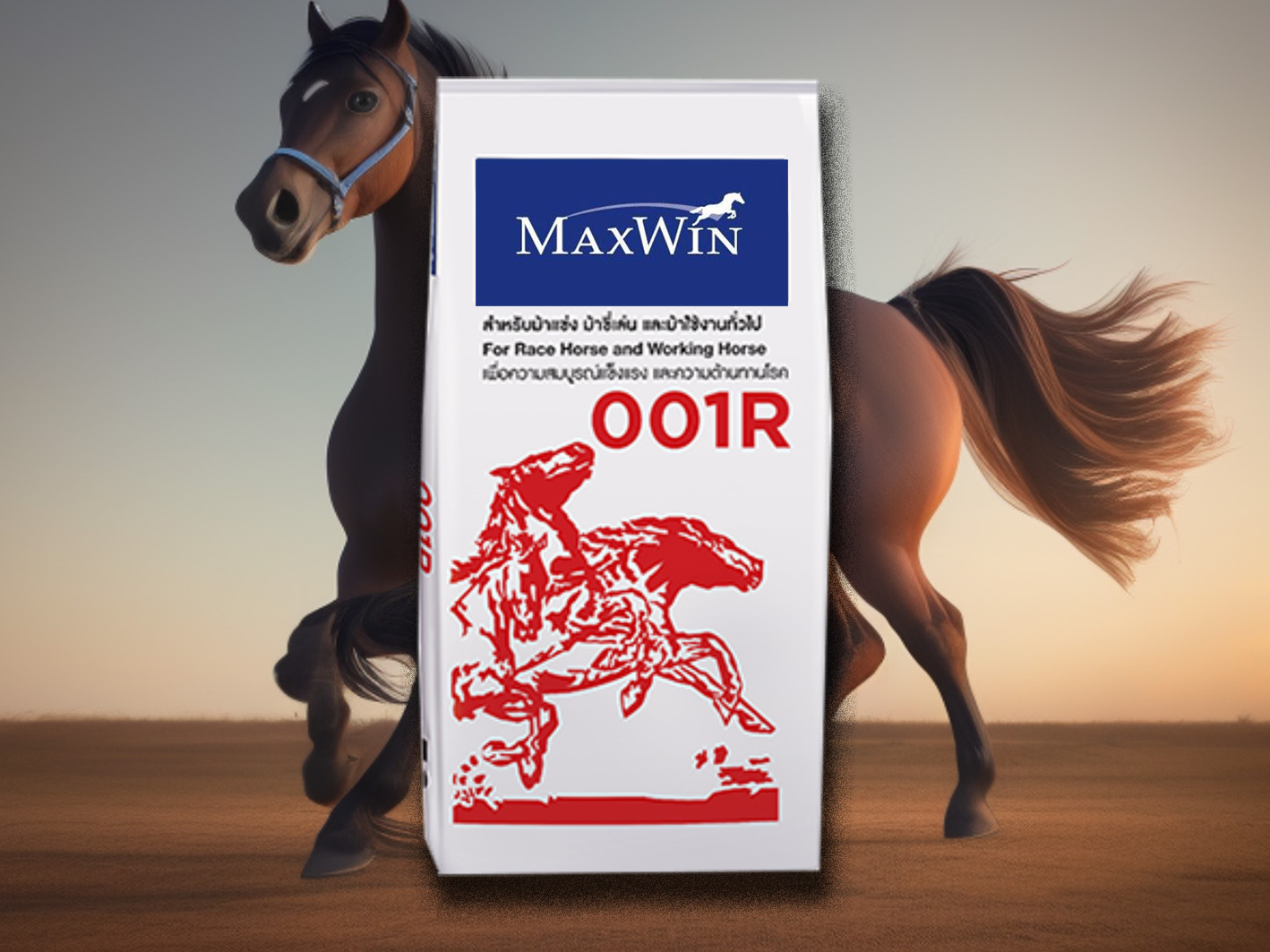 อาหารม้าแข่ง MAXWIN 001R แม็กซ์วิน สำหรับม้าแข่ง ม้าขี่เล่น และม้าใช้งานทั่วไป บรรจุ 30กก.