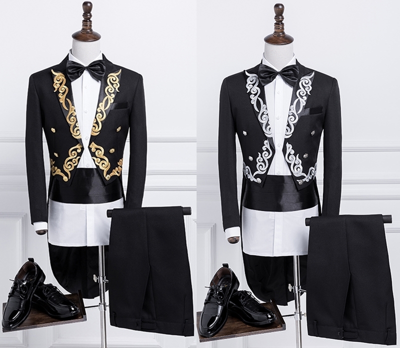 ST131- **พรีออเดอร์**สูททักสิโด้ผู้ชายสีดำ แขนยาว พร้อมแถบคาดเอว และกางเกง ชุดสูทเจ้าบ่าว สูทแฟนซี ถ่ายพรีเวดดิ้ง & ชุดแต่งงานแฟนซี (Fancy wedding dress) สูททักสิโด้ผู้ชายสีขาว