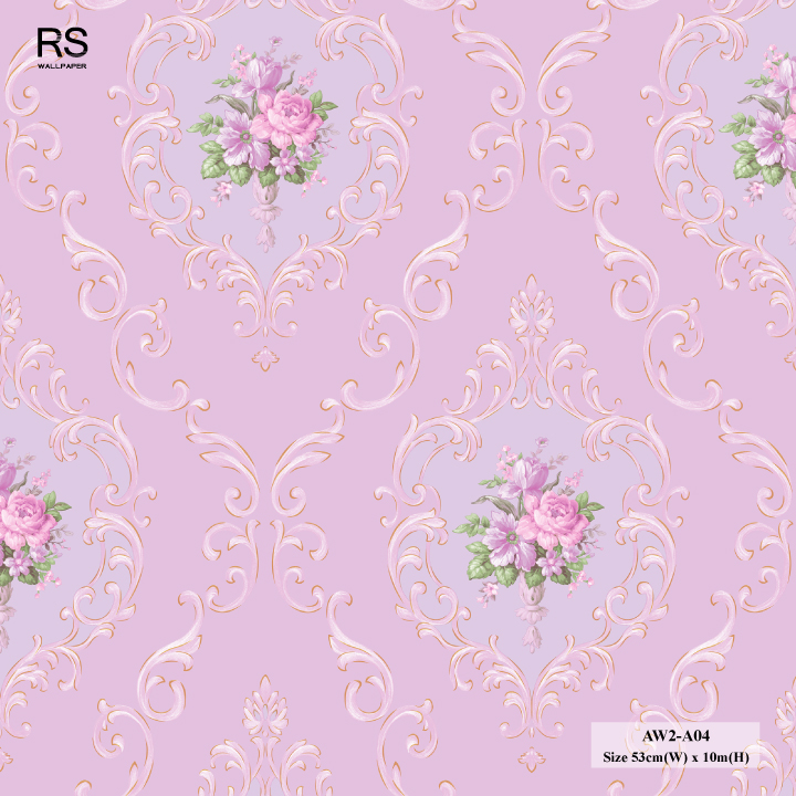 วอลเปเปอร์ลายดอกไม้วินเทจ สีชมพูอมม่วง AW2-A04
