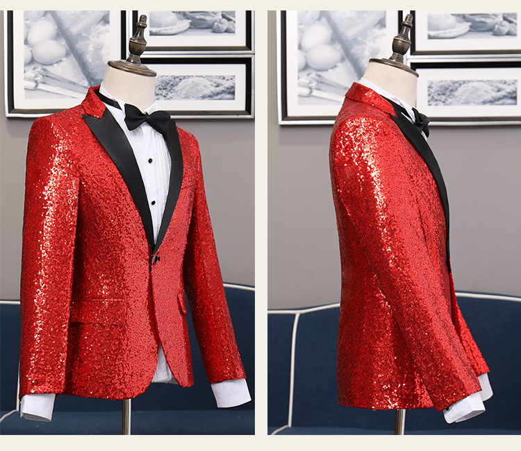 ST127- **พรีออเดอร์**สูทเลื่อมผู้ชายสีเทาเงิน สีทองและสีดง สลับปกสีดำ แขนยาว พร้อมกางเกง ชุดสูทเจ้าบ่าว สูทแฟนซี ถ่ายพรีเวดดิ้ง & ชุดแต่งงานแฟนซี (Fancy wedding dress) สูทเลื่อมผู้ชายสีเงิน สีทองและสีแดง