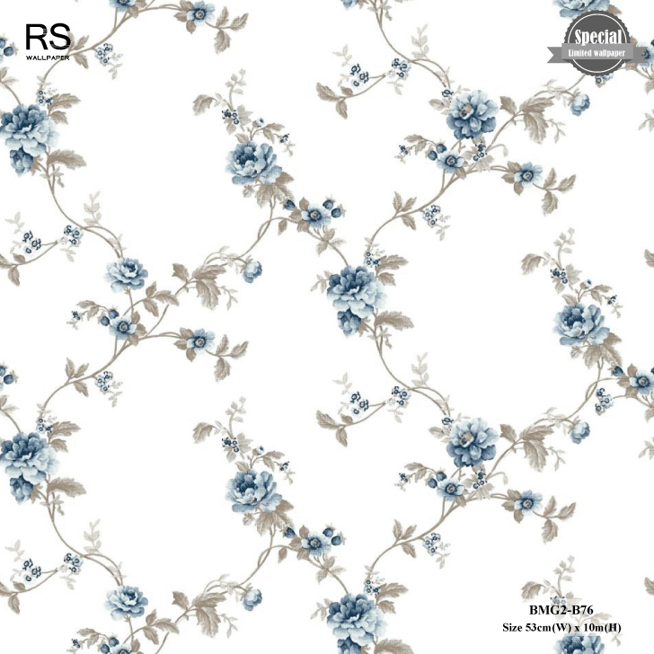 วอลเปเปอร์ลายดอกไม้ สีน้ำเงิน พื้นสีขาว BMG2-B76