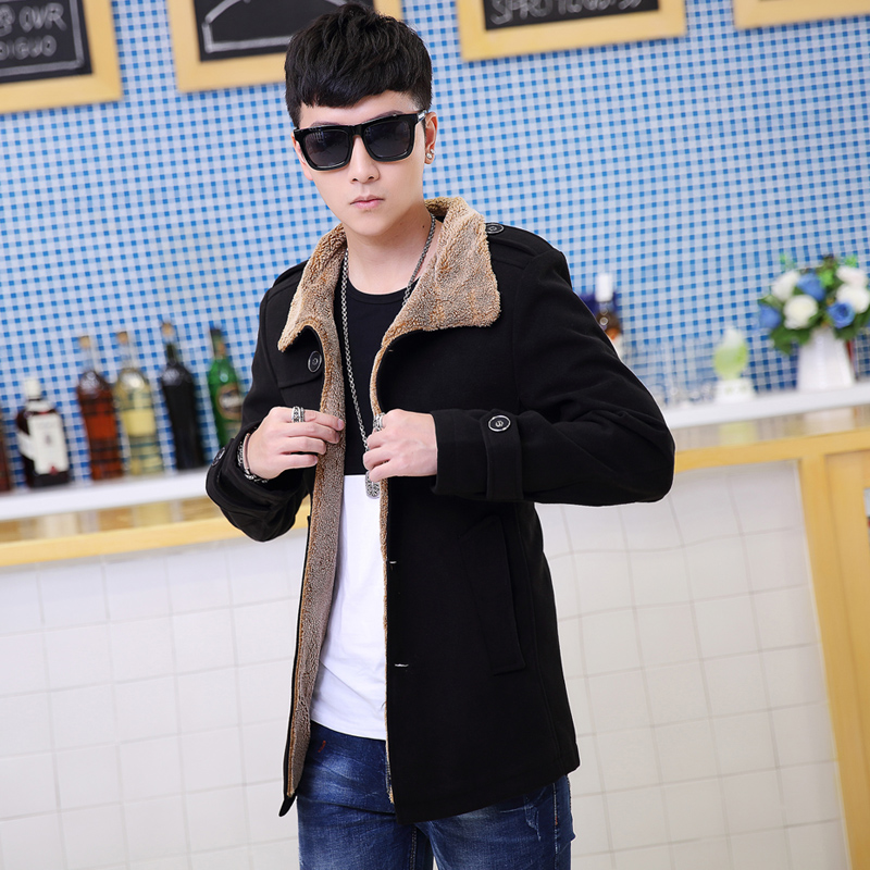 พร้อมส่ง เสื้อโค้ท ผู้ชาย สีดำ คอปกแต่งขนสัตว์เทียม แขนยาว แต่งบ่า กระดุมหน้า ใส่กันหนาว ใส่กันลม แฟชั่นผู้ชาย