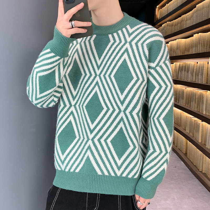 พร้อมส่ง เสื้อไหมพรมผู้ชาย สีเขียว ลายกราฟฟิก คอกลม แขนยาว สเวตเตอร์ผู้ชาย