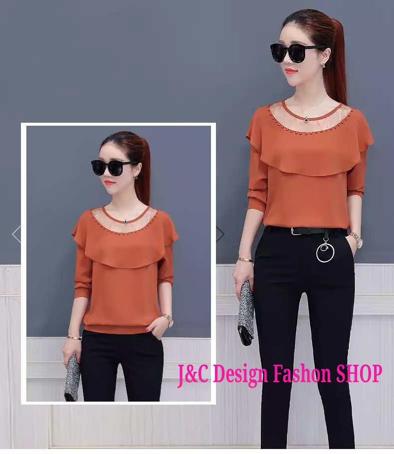 เสื้อผ้าชีฟองสีส้มแขนยาวแต่งระบาย เสื้อชีฟองแต่งเกล็ดระบายด้านหน้า แต่งระบายข้างกุ้นดำ เสื้อทำงานเกาหลี เสื้อเกาหลีสมัครงาน ชุดสมัครงานเกาหลี เสื้อลูกไม้ใส่กับผ้าถุง เสื้อลูกไม้ใส่กับผ้าซิ่น