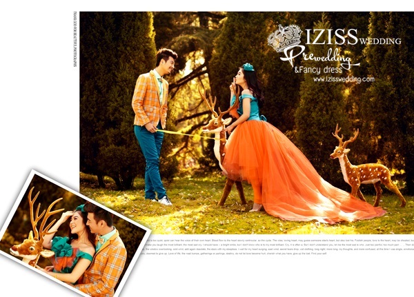PW212 - Pre order ชุดคู่ถ่ายพรีเวดดิ้ง (prewedding dress) & ชุดแต่งงานแฟนซี (Fancy wedding dress)ชายหญิง "ธีมสีเขียว-ส้ม"