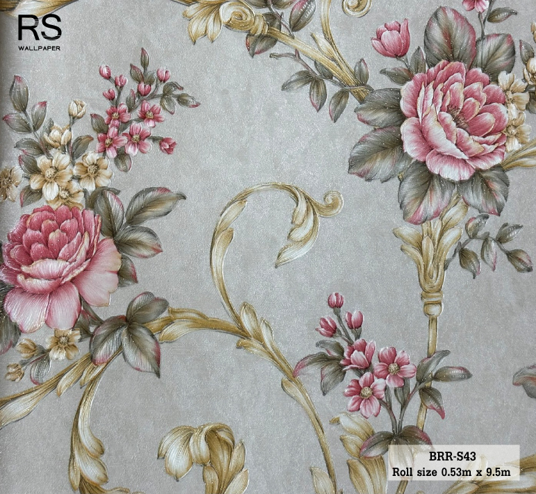 วอลเปเปอร์ ลายดอกไม้วินเทจสีแดง พื้นสีน้ำตาล BRR-S43
