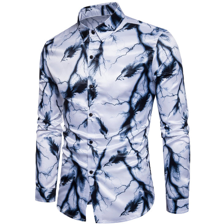 เสื้อเซิ้ตชาย สีขาว พิมพ์ลายกราฟฟิก ลายขนนกสีดำ พื้นสีขาว แขนยาว