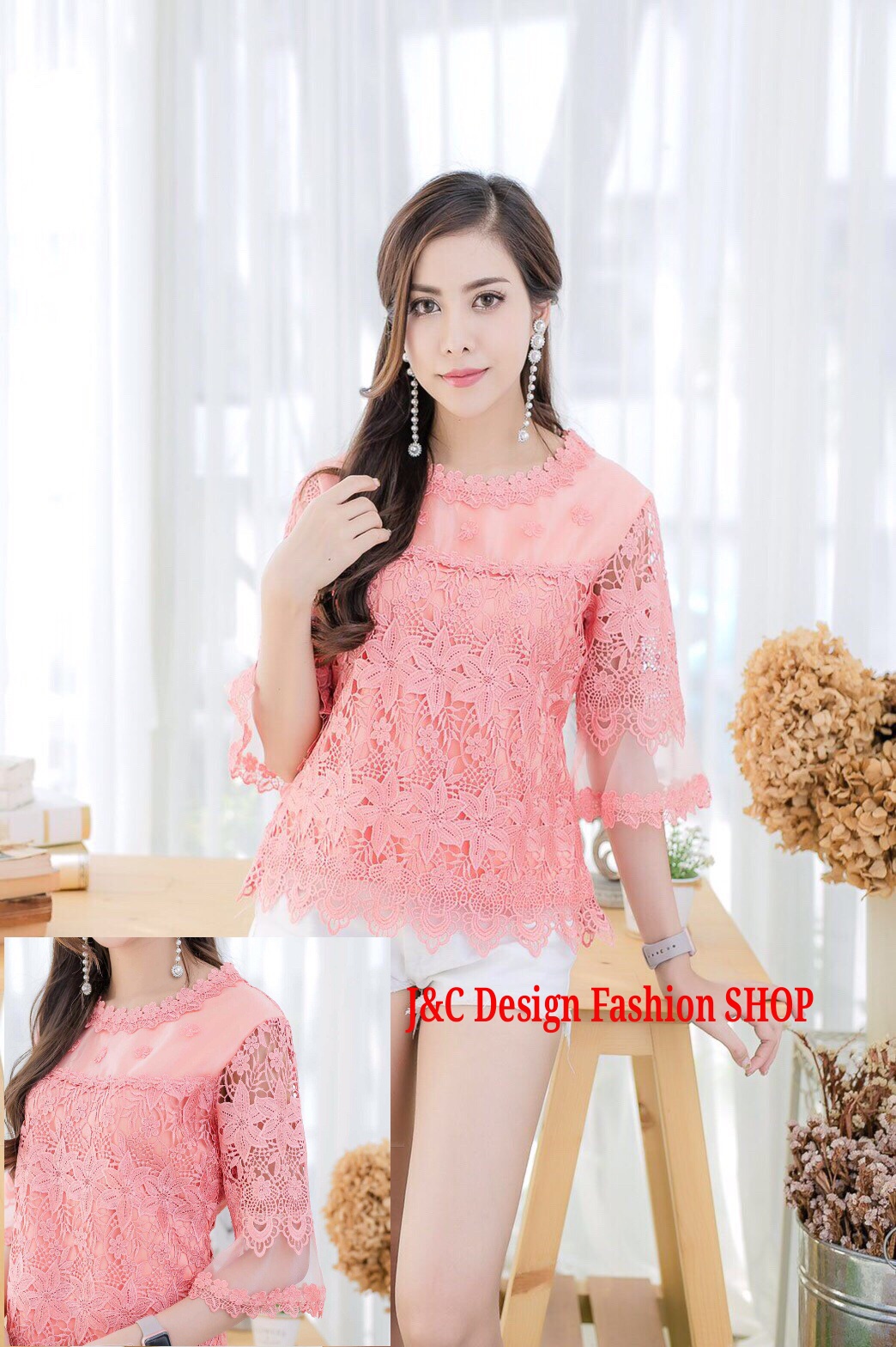 เสื้อลูกไม้สไตน์เกาหลีสีชมพูเสื้อลูกไม้สไตน์วัยรุ่นสีชมพูกระปิ เสื้อผ้าไทยใส่กับผ้าซิ่น เสื้อผ้าฝ้ายใส่กับผ้าถุงสีชมพูกลีบบัว เสื้อใส่ผ้าซิ่น เสื้อลูกไม้พาดาแขนสั้นสีชมพูกระปิ