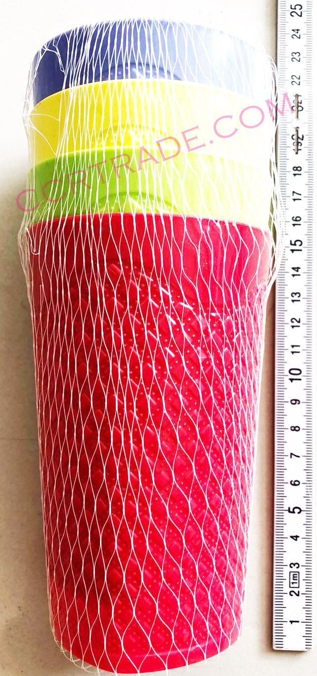 แก้วน้ำทรงสูงสีสด 4 ใบถุงตาข่าย 8x12.5 ซม.