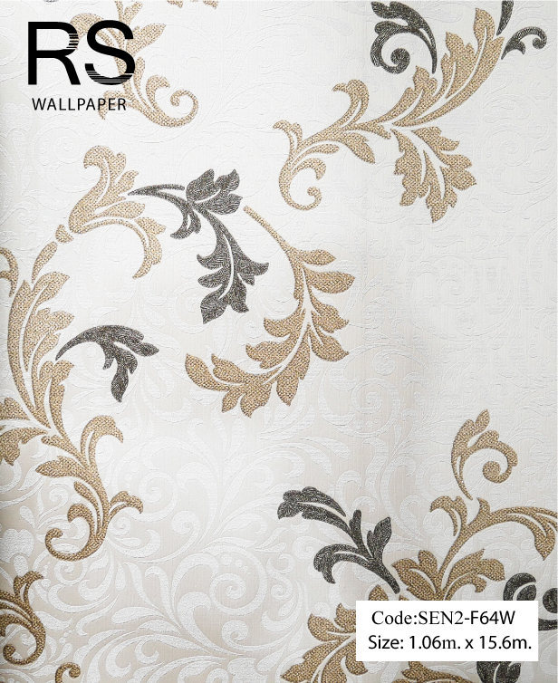 วอลเปเปอร์ลายใบไม้สีดำกับทองพื้นลายหุลยส์สีขาวมุก SEN2-F64W