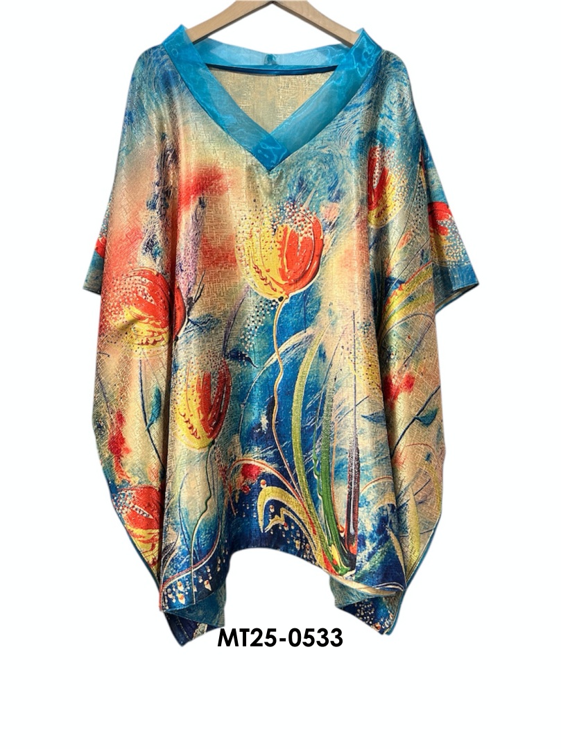 MT25-0533 ไหมจีนคอวีแก้วทรงผีเสื้อ อก 56 นิ้ว สวยสไต์คุณนาย เสื้อผู้ใหญ่