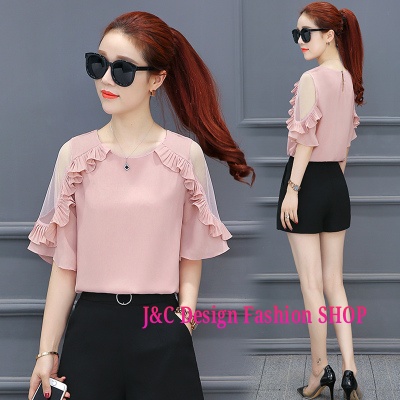 เสื้อทำงานชีฟองสีชมพูกระปิแต่งผ้าอัดพรีทแขนเว้าผ้ามุ้ง เสื้อชีฟองแต่งพรีทสีชมพูกระปิ เสื้อทำงานเกาหลีคอแต่งโบว์ เสื้อสมัครงาน ชุดสมัครงาน เสื้อใส่กับผ้าถุง เสื้อใส่กับผ้าซิ่น