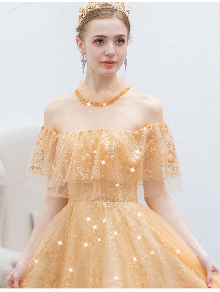 DL089 **พรีออเดอร์** ชุดออกงานสีทอง ชุดราตรี เดรสยาวออกงาน (Night party dresses) ชุดไปงานแต่งงานสวยๆ "ธีมสีทอง"