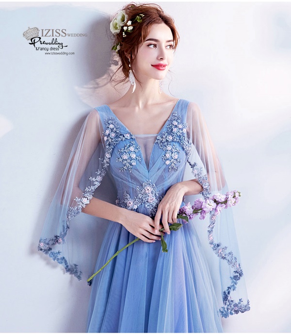 DL036 - **พรีออเดอร์** ชุดราตรี เดรสยาวออกงาน (Night party dresses) ชุดไปงานแต่งงานสวยๆ "ธีมสีฟ้าครามแต่งดอก 3D"