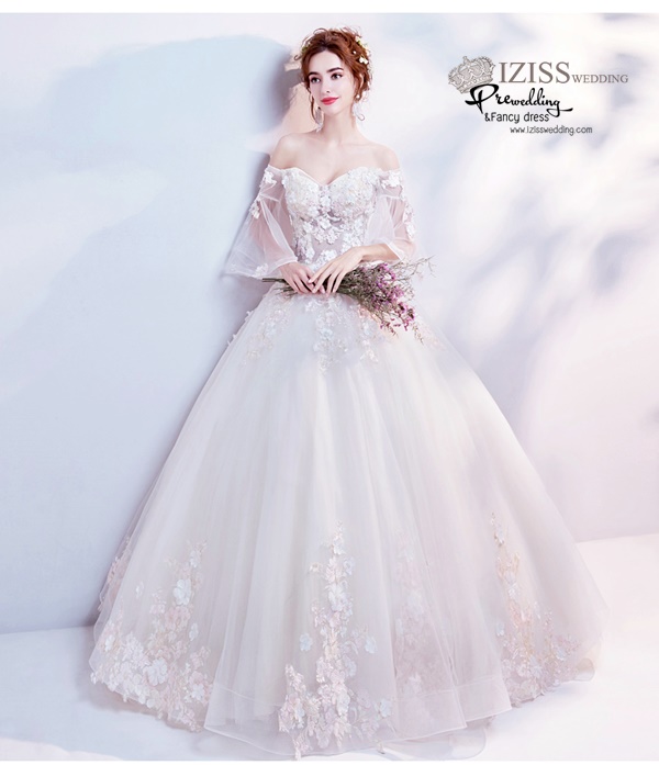 DL032 - **พรีออเดอร์** ชุดราตรี เดรสยาวออกงาน (Night party dresses) ชุดไปงานแต่งงานสวยๆ "ธีมสีขาวดอก 3D"