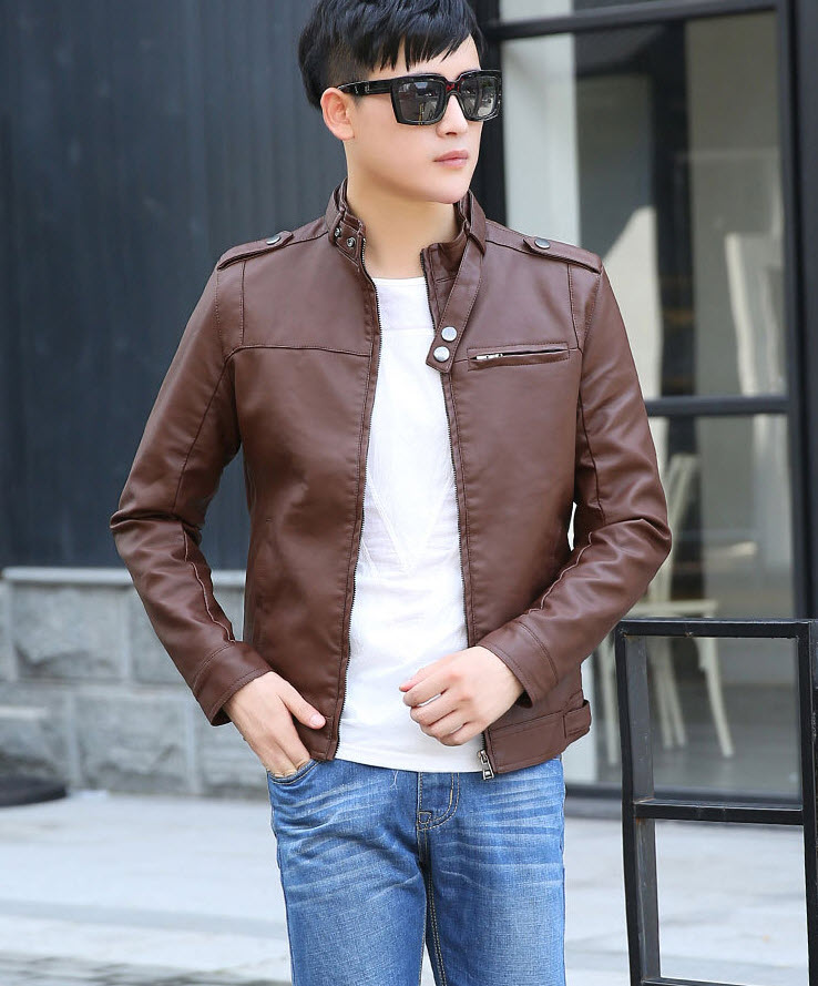 พร้อมส่ง แจ็คเก็ตหนังผู้ชาย เสื้อหนังผู้ชาย สีน้ำตาล หนัง PU คุณภาพงานพรีเมี่ยม หนังด้านขึ้นเงา มีซับในบุด้วยผ้าขนสัตว์