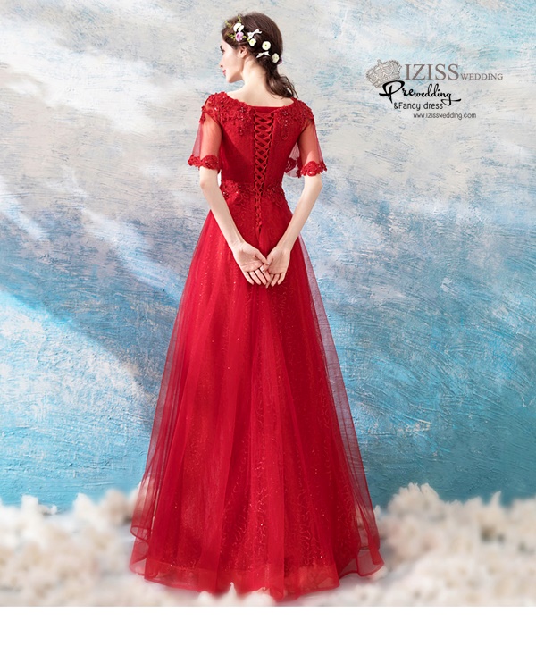 DL068 - **พรีออเดอร์** ชุดราตรี เดรสยาวออกงาน (Night party dresses) ชุดไปงานแต่งงานสวยๆ "ธีมสีแดงแต่งดอก 3D"