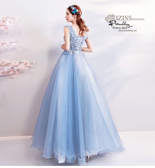 DL072 - **พรีออเดอร์** ชุดราตรี เดรสยาวออกงาน (Night party dresses) ชุดไปงานแต่งงานสวยๆ "ธีมสีฟ้าครามแต่งดอก 3D"