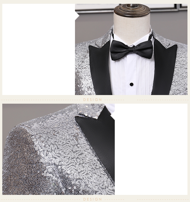 ST127- **พรีออเดอร์**สูทเลื่อมผู้ชายสีเทาเงิน สีทองและสีดง สลับปกสีดำ แขนยาว พร้อมกางเกง ชุดสูทเจ้าบ่าว สูทแฟนซี ถ่ายพรีเวดดิ้ง & ชุดแต่งงานแฟนซี (Fancy wedding dress) สูทเลื่อมผู้ชายสีเงิน สีทองและสีแดง