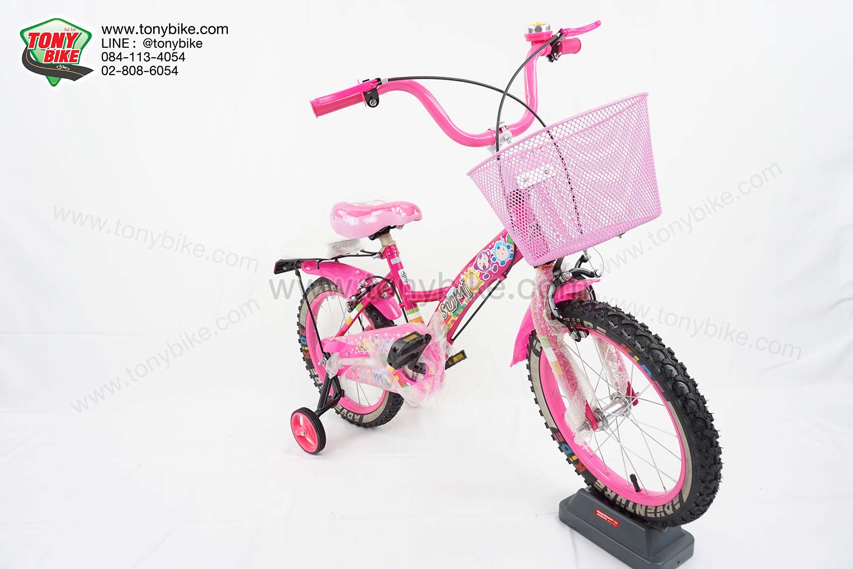 จักรยานเด็ก ล้อ 16 นิ้ว แฮนด์สูง เบาะหลัง มีล้อพ่วงข้าง สีชมพู
