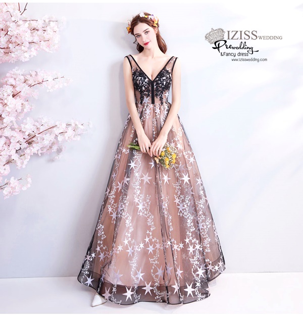 DL075 - **พรีออเดอร์** ชุดราตรี เดรสยาวออกงาน (Night party dresses) ชุดไปงานแต่งงานสวยๆ "ธีมสีกรมแต่งดอก 3D"