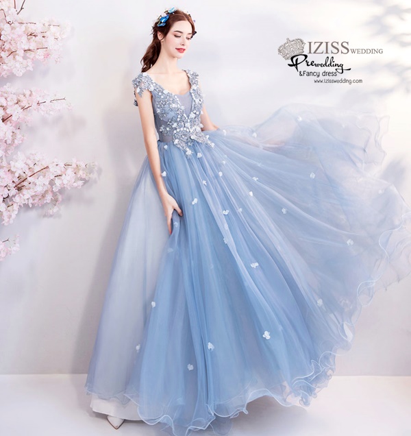 DL072 - **พรีออเดอร์** ชุดราตรี เดรสยาวออกงาน (Night party dresses) ชุดไปงานแต่งงานสวยๆ "ธีมสีฟ้าครามแต่งดอก 3D"