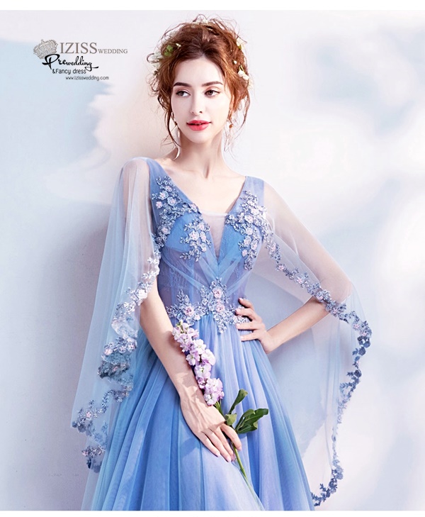 DL036 - **พรีออเดอร์** ชุดราตรี เดรสยาวออกงาน (Night party dresses) ชุดไปงานแต่งงานสวยๆ "ธีมสีฟ้าครามแต่งดอก 3D"