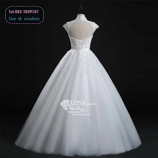 BR167 **พรีออเดอร์**ชุดแต่งงาน&ชุดเจ้าสาวแบบยาวสีขาวเกรดพรีเมี่ยม แขนสั้น ตกแต่งดีเทลลูกไม้ช่วงคอและข้างแขน ซีทรูช่วงไหล่และเนินอก ติดโบว์ช่วงเอว หรูหราน่ารัก สวยโดดเด่นไม่ซ้ำใคร