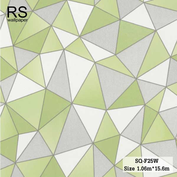 วอลเปเปอร์สไตล์โมเดิร์น ลายสามเหลี่ยม สีเขียวอ่อน เทา ขาว ตัดขอบเส้นสีเงิน SQ-F25W
